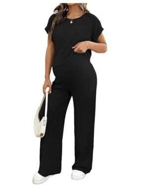 Maternity Pajama Set 2 Piece Ribbed Knit Lounge Outfit Short Sleeve Wide Leg